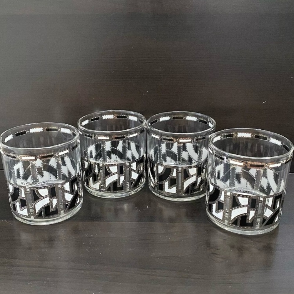 4 CULVER Rare HTF MidMod Silver White Black Abstract Design Rock Tumbler Glass